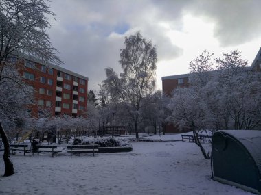 Ağaçlar ve binalar kış boyunca gökyüzüne karşı