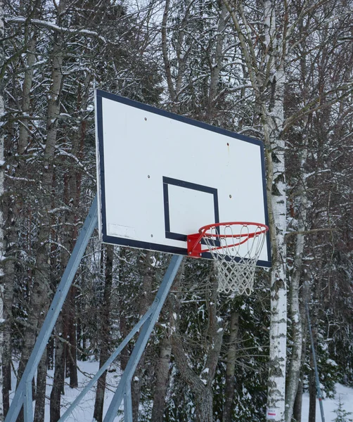 Низкий Угол Обзора Баскетбольного Кольца Заснеженном Поле — стоковое фото