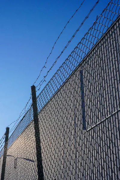澄んだ空に対する有刺鉄線フェンスの低角度ビュー — ストック写真