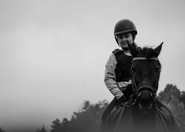 Een Meisje Een Paard Tegen Lucht — Stockfoto