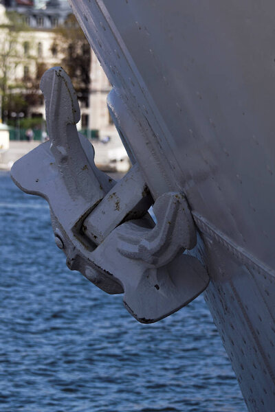 A close-up of an anchor on a ship