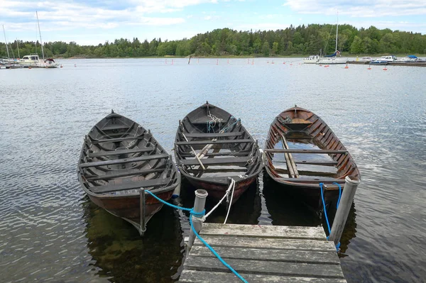 stock image High angle view of boats moored in lake