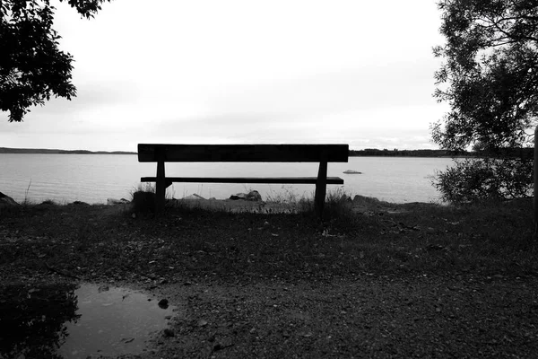 黒と白の湖の前の空のベンチ — ストック写真