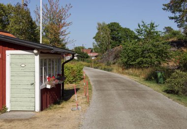 Boş toprak yol ağaçların arasında gökyüzüne karşı