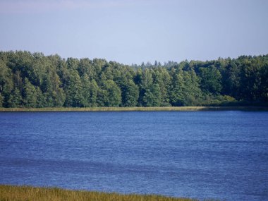 Berrak gökyüzüne karşı gölün manzarası