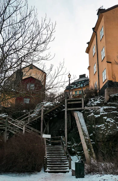 stock image Low angle view of buildings against sky during winter