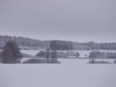 Gökyüzüne karşı karla kaplı göl ve tarla manzarası