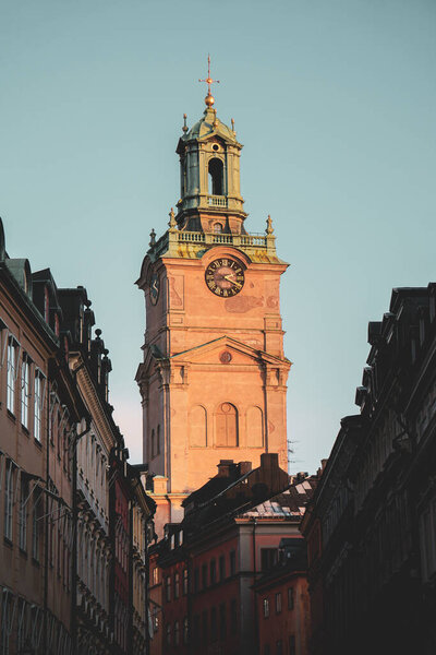 Low angle of the of a church tower against the sky 