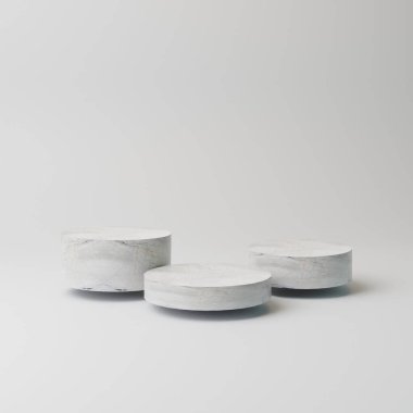 Açık gri arkaplanı olan ürün sergisi için gri mermer kaideler. 3D görüntüleme. Çok az. Güzellik ürünleri tanıtımı için gerçekçi