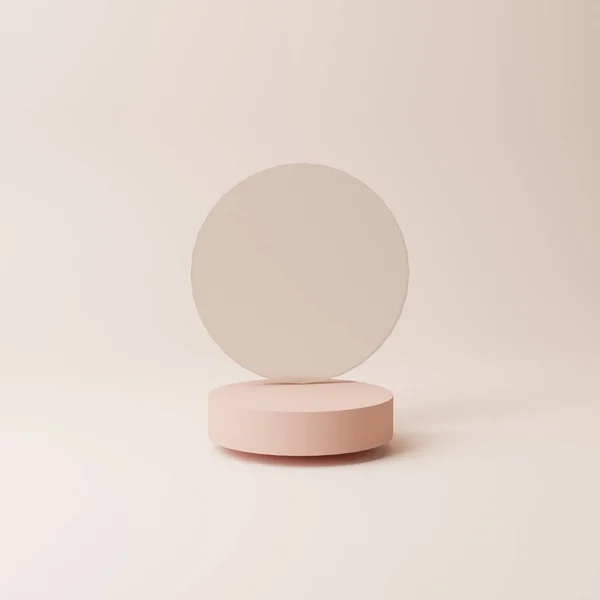 stock image 3D display, beige background with nude color pink podium and round frosted glass. Beauty, cosmetic product presentation. Luxury feminine template 3d render advertisement