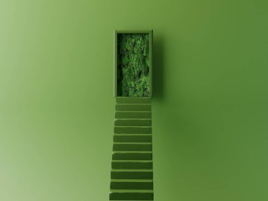 Yeşil merdiveni sürdürülebilir geleceğe götüren 3 boyutlu yeşil arka plan. Yeşil iş kavramı, yeşil geçiş, başarı, iş büyümesi, iş fırsatı. 3 Boyutlu Hazırlama