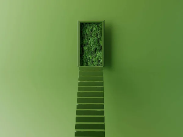 3D Minimal green background with green ladder leading to sustainable future. Concept of green business, green transition, success, business growth, business opportunity. 3D render