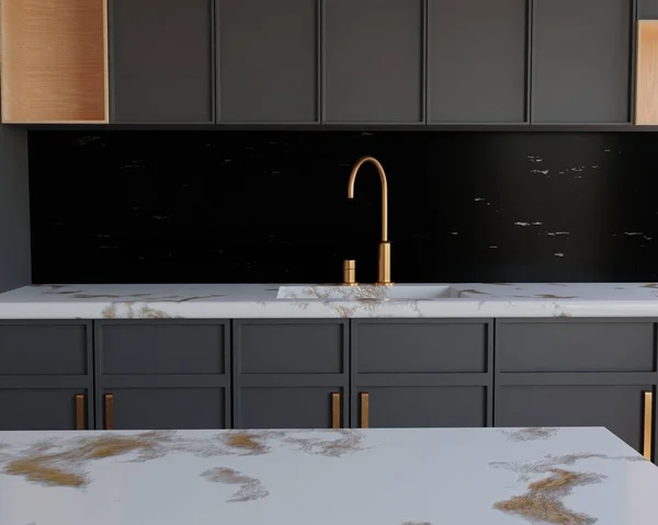 Dark contemporary kitchen marble tabletop with empty space for your product display over beautiful black kitchen and wall background. golden sink. Minimal elegant trendy kitchen. 3d rendering.