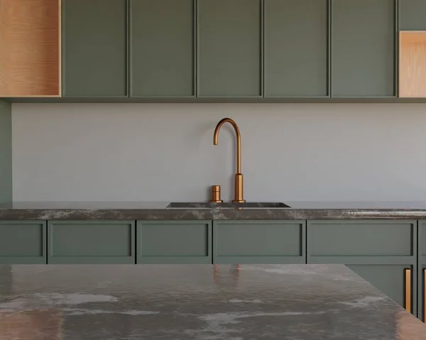 Sage Green kitchen background. Marble kitchen tabletop with empty space for your product display over beautiful wood and deep green kitchen room background. Bronze sink details. Minimal elegant trendy kitchen. 3d rendering.