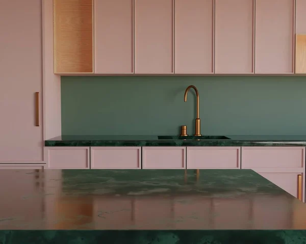 3D Trendy Pink kitchen interior background. Empty Beautiful Green Marble table top and modern kitchen interior in clean and colorful background. Ready for product montage. Minimal elegant 3d render.
