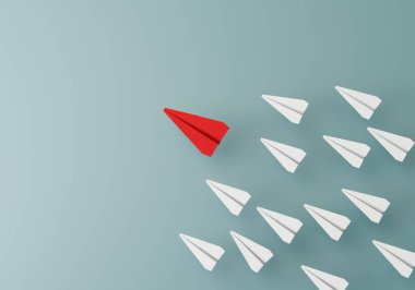 Liderlik başarısının 3 boyutlu illüstrasyonu iş konsepti roket kağıdı açık mavi zemin üzerinde uçuyor diğer kağıt roket takipçilerinden kurşun roket standı