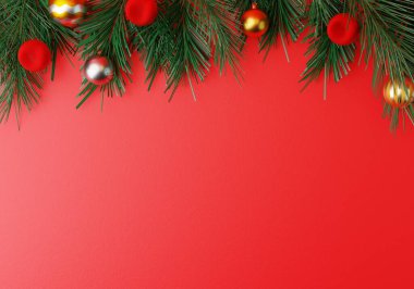 Fotokopi alanı olan kırmızı noel arkaplanı. En tepedeki noel ağacı, mücevherler ve dekorasyonlar. Üç Boyut 