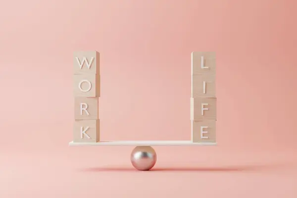 Life Work Balance Concept. Minimal Elegant illustration. Wood with text on Pink background. Concept of harmony and balance in life. 3D rendering.