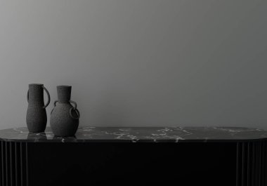 Gri duvar arkaplanlı ürün ekranınız için boş alanı olan koyu çağdaş siyah mermer masa üstü. Asgari zarif 3d görüntüleme.