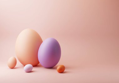 3D Mutlu Paskalya Yumurtaları. Pembe Arkaplanda Pembe Şeftali ve Pastel Mor Renkler Kopya Alanı ile. Davetiye, kart, menü, broşür, afiş, poster, fiş için Paskalya Günü tasarımı. Zarif 3B canlandırma.