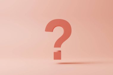 3D Soru İşareti, Pastel Pembe arka planda fotokopi alanı ile havada duruyor. SSS ve QA Cevap Bilgi Konsepti. Tek renkli en küçük 3D görüntüleme.