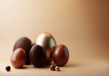 3D Chocolate Easter Eggs on plain background with copy space. Minimal Chocolate Business Happy Easter Banner. 3D render clipart