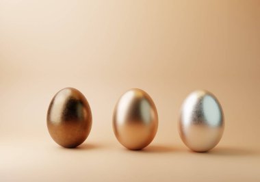 Arka arkaya üç boyutlu üç metalik yumurta. Altın, Gümüş ve Bronz Kavram. Kopya alanı ile en az 3D Pastel arkaplan.