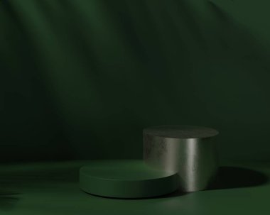 Yaprak gölgeli 3D orman yeşili podyum. Uzayın yeşil arkaplanı kopyala Kozmetik ya da güzellik ürünü tanıtım modeli. Zarif minimum basamak kaidesi. Moda afişi. 3 Boyutlu resimleme.
