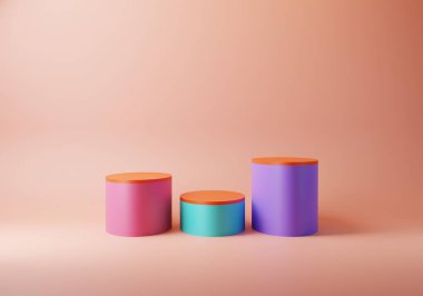 Renkli pembe, mavi ve mor tonlu, pastel pembe arka planda üç boyutlu üç boyutlu silindir kaide podyumu. Soyut 3D canlandırma geometrik platformu. Ürün sunumu. En küçük sahne.