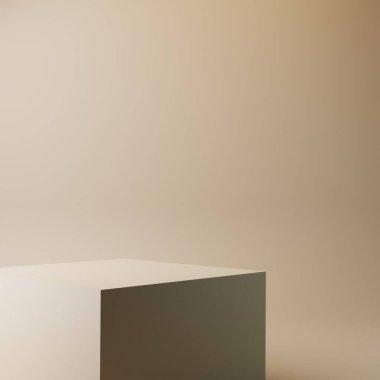 3 boyutlu arka plan, Pastel bej arka planda gölgesi olan küp kaide podyumu. Zarif Ürün Tanıtımı Güzellik Kozmetik Sergisi. Çıplak Stüdyo Minimum Vitrin 3D yorumlama reklamı.