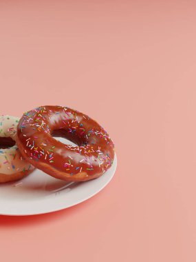 Boş Pembe Arkaplanda iki çikolatalı çörek ve fotokopi alanı. Yan görüş. Üç boyutlu gerçekçi, parlak, lezzetli çörekler. Fırın, restoran ve tatlı reklamları için en az 3 boyutlu tasvir.