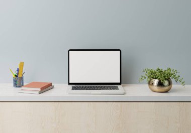 Boş ekranlı bir laptop. Stüdyo çalışma masasını en aza indir. 3B görüntüleme