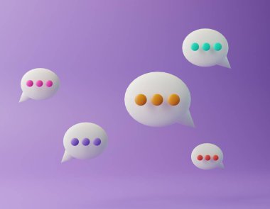Sohbet Takımı. Bir sürü farklı balon konuşması. Mor arkaplanda yorum işareti işareti. 3d hazırlayıcı.