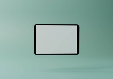 Pastel Green Monochrome arka planında boş ekranlı 3 boyutlu tablet. Metin ve ürün görüntüleme için kopyalama alanı ile en az 3D oluşturma.
