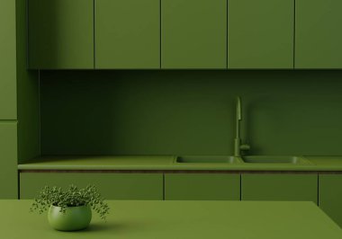 Çevre, biyoloji, yeşil ürün sergisi için boş alanı olan çağdaş mutfak masası. Basit mutfak arka planında. En az monokromatik mutfak. 3d oluşturma.