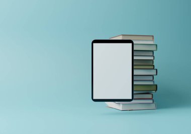 Boş ekranlı ve kitaplı tablet bilgisayar. Dijital Teknoloji Bilgi Kavramı. Kopyalama alanı olan Açık Mavi arkaplan. 3B Resim Hazırlama.