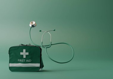 Üç boyutlu tıbbi steteskop ve yeşil arka planda ilk yardım. Sağlık sigortası konsepti. 3d oluşturma