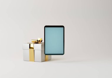 Üç boyutlu akıllı telefon tableti ve arka planda bayramlık hediye kutusu. İnternetten alışveriş. Tatil hediyeleri. 