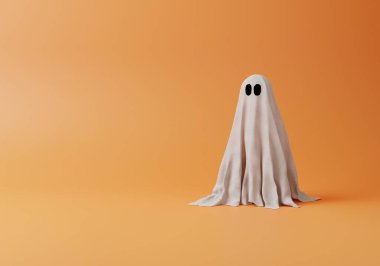 Turuncu arka planda üç boyutlu hayalet. Cadılar Bayramı gösterisi, ürün tanıtımı. Soyut Ürkütücü 3B canlandırma çizimi.