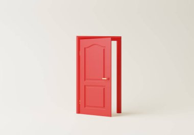 3d kopyalama alanı, kırmızı açık kapı beyaz arkaplanda izole edilmiş. Mimari tasarım elementi. Modern asgari konsept. Zarif, soyut metafor..