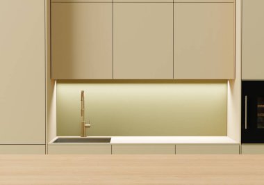 Güzel mutfak arka planında ürününüzün sergilenmesi için boş alanı olan parlak çağdaş mutfak masası. Altın lavabo. Minimum şık moda mutfak. 3d oluşturma.