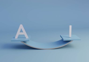 Yapay Zeka Yasası, Düzenleme Konsepti. Yapay zeka yasası. Pastel Mavi Denge konsepti alfabe AI tutuyor. Asgari 3B görüntüleme.
