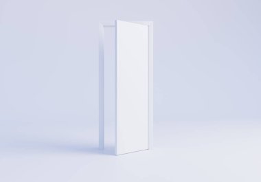 3 boyutlu resimleme, beyaz açık kapı, beyaz arka planda izole edilmiş. Fırsat geçişi soyut metafor, modern minimum kavram. Gerçeküstü sahne.