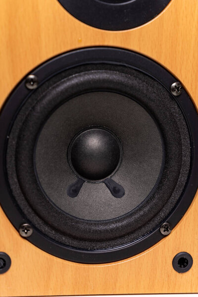 Closeup view of retro wooden audio speakers