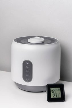 Masada beyaz nemlendirici, siyah termometre ve higrometre var.