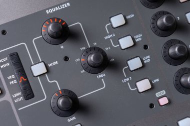 Profesyonel ses dijital karıştırma ses konsolunun yakın görüntüsü