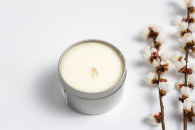 Minimalist mum ve beyaz arkaplanda çiçek açan dallar 