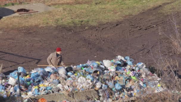 乌克兰罗姆尼 2023年1月24日 一个人在垃圾填埋场进行垃圾分类 收集垃圾 塑料制品和塑料袋 环境灾难 水果和蔬菜的残余 — 图库视频影像