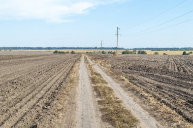 Tarlaya sürülmüş tarlalar, traktör izleri, toprak dokusuna yakın çekim. Kırsal alan. Tarım ve gıda endüstrisi, çevre koruma konusu. Mavi gökyüzü ve ufukta ağaçlar olan manzara