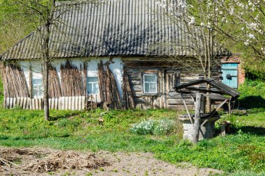 Kırsalda güzel ve çiçek açan ağaçları olan eski bir kır evi. Baharda doğa fotoğrafçılığı. Kırsal yaşam tarzı ve doğa kavramı.